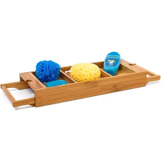 Relaxdays Badewannenablage ausziehbar aus Bambus H x B x 7 x 67,5 x 21 cm Badewannenbrett mit Verstellbarer Breite für Jede Badewanne Badewannentablett mit 2 Haltern Badewannenregal, Natur