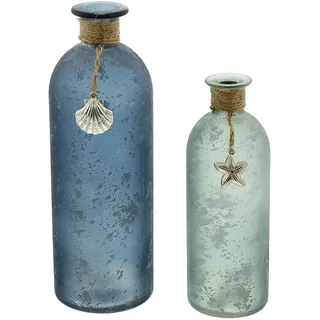 FRANK FLECHTWAREN Deko-Vase Maritim im 2er Set Ø 7 x 20 cm Ø 8 x 26 cm Glasvase satiniert Blau Grün Sisalschnur Seestern Muschel Maritime Deko handverziert
