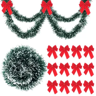 FEPITO 12m/39ft Weihnachten Kiefer Girlande Künstliche Kiefer Kranz Weihnachtdekorationen mit 24 Stück Holiday Red Weihnachtskranz Bögen, Weihnachten Greenery Garland Dekorationen