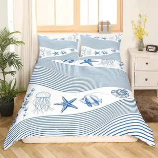 Seestern Bettwäsche Seestern Kreatur Sealife Stripe Bettwäsche 140 x 200 cm blau weiß Bettbezug Deko Schlafzimmer 2 Stück