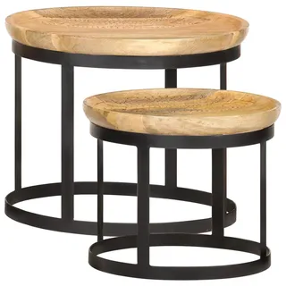 vidaXL Runde Beistelltische 2er set Mango Massivholz Und Stahl , Braun , Metall , Mangoholz , Rund,Rund , Säule , 53x44x53 cm , Wohnzimmer, Wohnzimmertische, Beistelltische