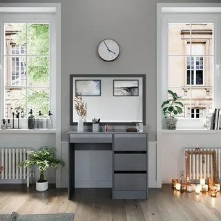 Vicco Schminktisch Sherry Grau Hochglanz 90 cm mit 4 Schubladen, - Grau