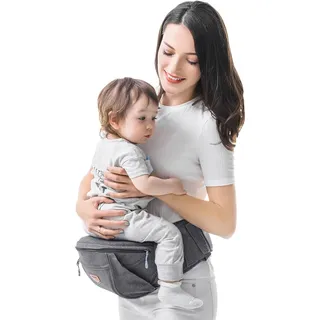 Sunveno Baby Hüftsitz Ergonomische, SUNVENO Baby Hüftsitzträger, Babytrage Dekompression mit Verstellbarem Gurt und Tasche, Baby Hüfthocker Praktische Baby Vordertrage für 0-20 kg Baby, Grau