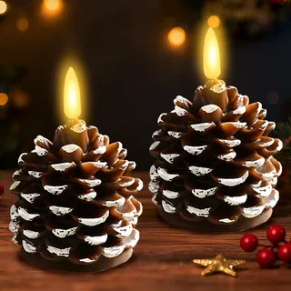 YOUYIKE Tannenzapfen Kerzen LED, Flammenlose Elektrisch Adventsgesteck mit Batterie Weihnachtskerzen, Kabellos LED Candles Beweglicher Flackernde Flamme für Weihnachten Deko (Weißer Rand)