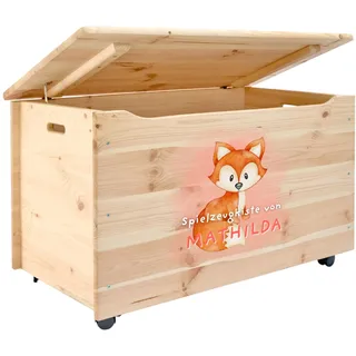Pinus Spielzeugkiste personalisierbar 90x48x51 cm mit Deckel Rollen | Kiefernholz, Wunschname personalisiert, große Aufbewahrung, für Spielzeug Decken Erinnerungen, Kinderzimmer Geschenk Geburt
