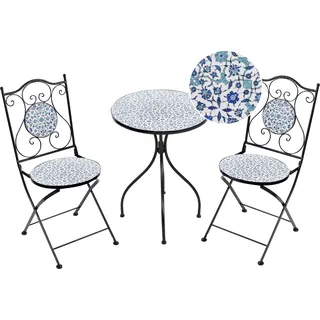 BELIANI Balkonset Schwarz u. Blau Eisen 3-teilig Keramik Mosaik Runder Tisch mit 2 Stühlen Zusammenklappbar Garten Outdoor Terrasse Ausstattung Möbel - Schwarz, Blau, Weiß