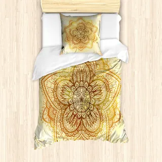 ABAKUHAUS orientalisch Mantele, alte Mandala, Milbensicher Allergiker geeignet mit Kissenbezügen, 135 cm x 200 cm - 80 x 80 cm, Dark Orange Pale Yellow