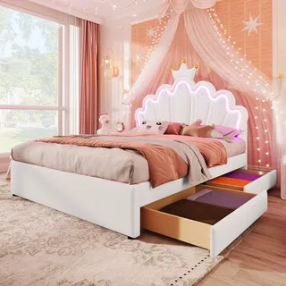 Polsterbett, 140 x 200 cm, Ferngesteuertes Ambientelicht, Bett mit 2 Schubladen,Ohne Matratze,Weiß - Weiß