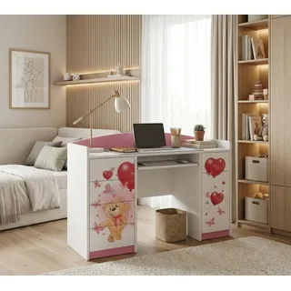 Happy Babies Kinderschreibtisch 125x89x60 Klein Arbeitstisch Büro, Rosa Computertisch mit Tastaturablage Kindermöbel mit Schubladen Kinder, Herzen, - Rosa