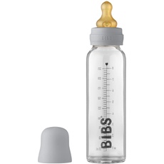 BIBS Baby Glass Bottle, Vermindert Koliken, Runder Sauger aus Naturkautschuklatex, Unterstützt das Stillen. Hergestellt in Dänemark, Complete Set - 225 ml, Cloud