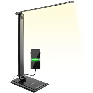 MONZANA® LED Schreibtischlampe USB Anschluss 3 Farb- 5 Helligkeitsstufen Touch Dimmbar Warmweiß Tischlampe Büro Nachttischlampe Warmes Licht Schwarz - Schwarz