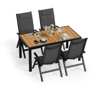 JUMMICO Gartenmöbel Set Klappbar, 5-Fach Verstellbarer Aluminium Sessel mit Holztisch, Wetterfestes Terrassenmöbel für Balkon und Garten