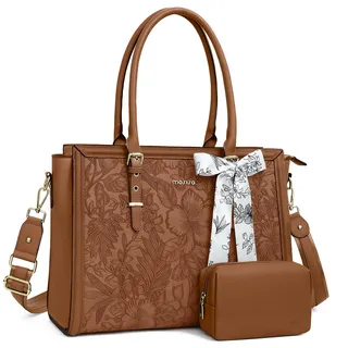 MOSISO Laptoptasche Damen, 17-17,3 Zoll Arbeitstasche Handtasche Groß | PU Leder Arbeitstasche Lehrer Shopper Business Tasche, Hibiskus-Prägung Tote Bag mit Seidenschal&Clutch, Braun