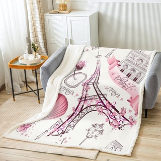 Loussiesd Eiffelturm Drucken Decke 150x200cm Rosa Romantisches Paris Thema Kuscheldecke für Mädchen Frauen Fahrrad Ballon Blumen Dekorativ Wohndecke Flanell Fleecedecke