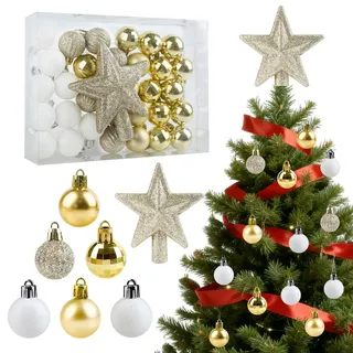Weihnachtskugeln, 32 Stücke Mini Gold und Weiß Christbaumkugeln Kunststoff Set mit Weihnachtsbaum Stern, 3cm Bruchsichere Weihnachtskugeln Plastik für Party Außen Innen
