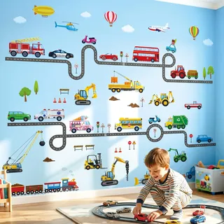 DECOWALL DS9-8090 Fahrzeuge und Straßen Wandtattoos Dekoration Kinderzimmer Babyzimmer Transport abnehmbar Schlafzimmer Baustelle Auto LKW Traktor Jungen Spielzimmer