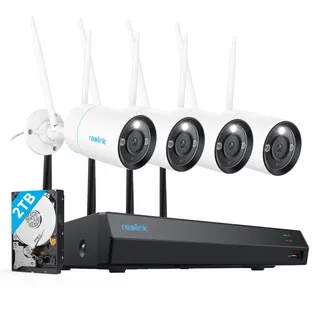 Reolink 4K WLAN Überwachungskamera Set Aussen, 4X 8MP Wi-Fi 6 Kamera Aussen, 12CH WLAN NVR mit 2TB HDD, Vollmetallmaterial, Farbnachtsicht, Person/Fahrzeug/Tiererkennung, 2-Wege-Audio, RLK12-800WB4