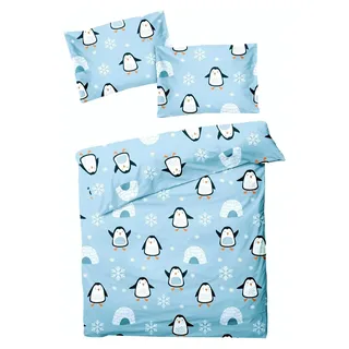 Biber Bettwäsche Baby 2-teilig 100x135cm Pinguin Iglu Antarktis Blau mit Reißverschluss - Blau