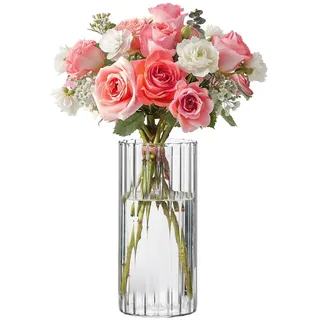sengcengs Kleine Vasen Deko für Tischdeko, Glasblumen-Vase, Modern Blumenvase Glas, Gerippt Blumenvase für Tulpen, Tulpenvase für Tulpen, Orchideen, Pampasgras, Transparent