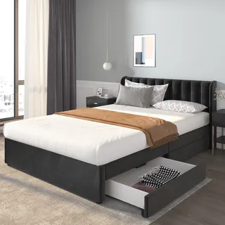 Flieks Polsterbett 140x200cm Doppelbett mit Lattenrost und 2 Schubladen, Stauraumbett Holzbett Funktionsbett Samt, ohne Matratze, Schwarz - Schwarz