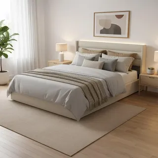 HOME DELUXE LED Bett – 180 x 200 cm, Beige | Polsterbett mit Beleuchtung & Matratze, inkl. Stauraum - Beige