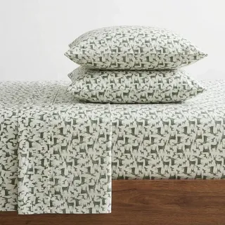 Eddie Bauer Queen-Size-Bettlaken, Baumwoll-Flanell-Bettwäsche-Set, gebürstet für zusätzliche Weichheit, gemütliche Heimdekoration, Öko-Tex-Zertifiziert (Hirsch-Camp-Grün, Queen)
