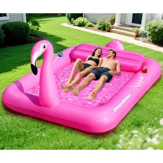 DeeprBetter Luftmatratze Pool Flamingo, Aufblasbar Luftmatratze Pool XXL mit Aufblasbare Kissen & Getränkehalter, Groß Wasser Matratze 205 * 150CM, Pinker Flamingo Pools Luftmatratzen 2 Personen