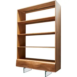 DeLife Regal New Live-Edge 115x150 cm Akazie Natur 2 Schubladen Glasfuß schwebend, Standregale, Baumkantenmöbel, Massivholzmöbel, Massivholz