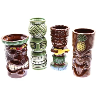 Tiki-Becher, tropisch, Cocktailglas, Tikis, Keramiktassen, inspiriert von polynesischen Kultur, exotische und tropische Getränke, hawaiianischer Cocktail, 4 Stück