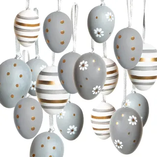 Logbuch-Verlag 18 Ostereier Plastikeier zum Aufhängen 4 + 6 cm grau weiß Gold Ostern Deko Eier unzerbrechlich