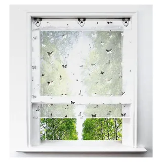 Voile Raffrollo mit silbernem Heißprägungsdesign, transparent, Ösenrollo für Fenster (BxH 45x130cm, Schmetterling)