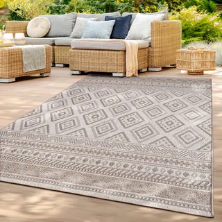 TT Home In-& Outdoor Teppich Wetterfest Balkon Küche Wohnzimmer Boho Rauten Design Größe 200 cm Rund - Beige