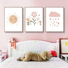 EXQULEG 3er Set Wandbilder Kinderzimmer Babyzimmer Poster,Regenbogen Sonne Wolke Blumen und Schmetterlinge,Bilder DIN A4 Mädchen Jungen Boho Deko Dekoration (ABC)
