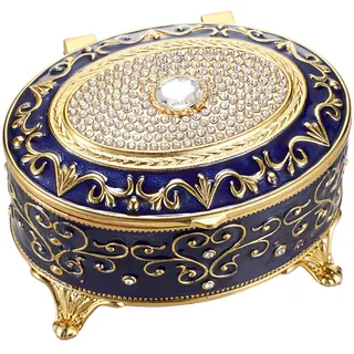 SUMTree Retro Schmuckschatulle Vintage Schmuckkasten mit Deckel Ovale Ringbox aus Aluminium Dunkelblau Schmuckbox für Kette Klein Schmuckkästchen Damen Mädchen Geschenk für Weichnachten Geburtstag