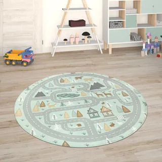 Paco Home Kinderteppich »Chicos 550«, rund, 2 mm Höhe, Flachgewebe, Straßen-Spiel-Teppich, Kinderzimmer Paco Home türkis Ø 80 cm   1 St.