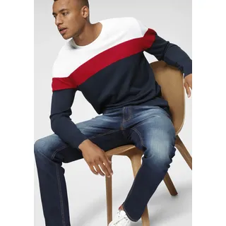 Rundhalspullover H.I.S "neue Farben", Herren, Gr. L (52/54), weiß (marine, rot, weiß), Feinstrick, Obermaterial: 50% Baumwolle, 50% Polyacryl, Colorblocking, regular fit, Rundhals, Rippstrickbündchen, Pullover Rundhalspullover, Colorblocking, in leichter Strickqualität, Topseller