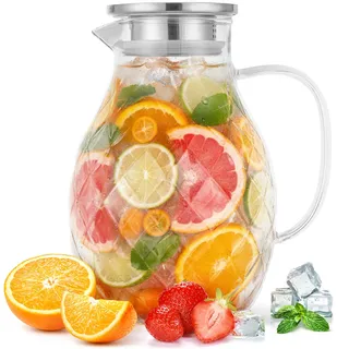 Karaffe aus Borosilikatglas mit Deckel und Ausgießer - Glaskaraffe mit einzigartigem Rautenmuster für 2 Liter kaltes oder heißes Wasser - Getränkekanne für hausgemachten Eistee und Saft