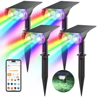 Linkind SL5 Smart Solar Gartenstrahler 4er Set, Musik Sync, Rotlichtalarm, Bluetooth APP Gruppensteuerung, RGBW 16 Mio. Farben IP65 Außenleuchte mit Bewegungsmelder für Garten Terrasse Weg Sicherheit