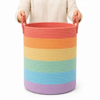 OrganiHaus Wäschekorb Kinderzimmer, Spielzeugkorb, Großer Geflochtener korb Mit Griff, Faltbar & Stabiler, Aufbewahrungskorb Kinder Für Decken, Spielzeug & Kleidung, Regenbogen Design - 38x45cm