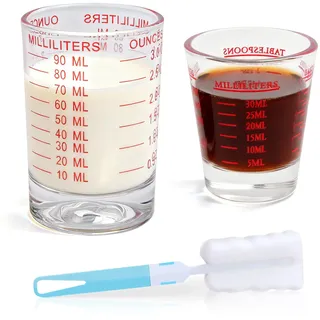 Mispudin 30ml+90ml Schnapsgläser 2er Set, Messbecher Glas Klein mit Skala, Bürste, Espresso Messbecher Shotglas für Cocktail, Tequila, Wodka, Kaffee, Küche (Rot)