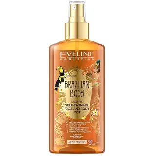 Eveline Cosmetics EVELINE Brazilian Body Selbstbräunungsspray 5in1 für Gesicht & Körper Helle und dunkle Haut Sofortige Wirkung Sieben Tage anhaltende PureTan-Technologie pflanzliche Basis 150 ml