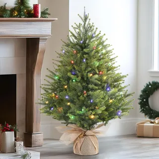 Alupssuc 2 Fuß Beleuchteter Künstlicher Mini-Weihnachtsbaum, 100% PE-Zweige mit Sockel aus Leinensack, Farbige LED-Lichter, 8 Lichtmodi, Perfekt für Weihnachtsdekorationen, Zuhause,Grün