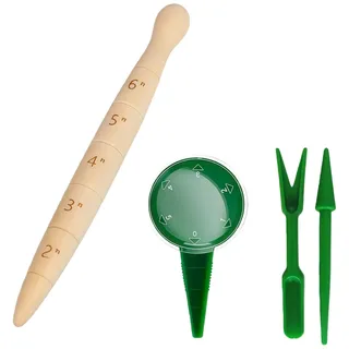 XSJIJKAG 4er Pikierstab Holz Pikierset für Garten Zubehör und Gewächshaus Zubehör, Garten Gadgets zur Aussaat, Pflanzholz mit Skala, Saatgut-Dosierer und Umpflanz-Werkzeug