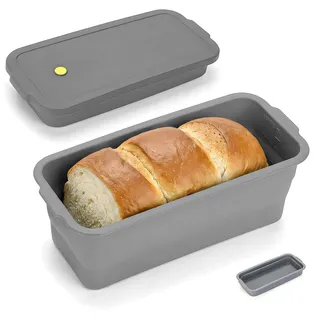 VINATO Faltbar Brotbackform Silikon mit Deckel, Brotbackform mit Metallverstärktem, Antihaft Hitzebeständig Kastenform, Toastbrot Backform Silikon, Kuchenform, Ofen und Spülmaschinenfest (Grau)
