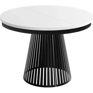 Esstisch Rund Ausziehbar mit Lamellen im Loft-Stil – 100 bis 180 cm – Industrieller Tisch mit Schwarzen Metallbeinen, Platzsparend für Wohnzimmer oder Esszimmer – Weiß - Weiß