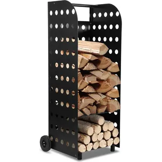 Jayseuw Kaminholzwagen Kaminholzregal 112x42x35cm 60kg  Metall XL Kaminholzkorb mit Rollen Schwarz - Schwarz