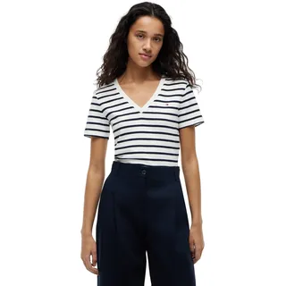 Tommy Hilfiger Damen, T-Shirt Kurzarm New slim Cody mit V-Ausschnitt, Mehrfarbig (Breton/ECU/Dark night navy), M