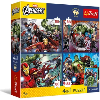 Trefl – 4-in-1 Jigsaw Puzzles: The Avengers, Helden sind unter Uns – 4 x 88 Teile – Poster, Set mit Vier Puzzles für Kinder ab 5 Jahren