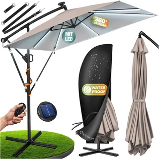 KESSER® Ampelschirm Holly Sonnenschirm Rechteckig mit und ohne LED Solar inkl. Abdeckung + Windsicherung mit Kurbel | Kurbel-Schirm mit Ständer UV-Schutz Aluminium Wasserabweisend Ø350cm Gartenschirm - Taupe
