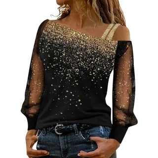 Glitzer Oberteile Damen Pailletten Oberteil Damen T Shirt Schulterfrei Cutout Heißes Diamant Langarm Bluse Elegant Langarmshirt Oversize Lockere Schicke Festliche Blusen für Frauen Party Tunika Top
